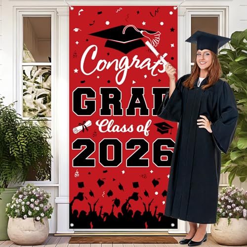 Pedel Graduation Door Cover 2026 - Red Black Congrats Grad Class of 2026 Banner 72x35 Inch