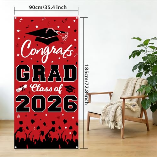 Pedel Graduation Door Cover 2026 - Red Black Congrats Grad Class of 2026 Banner 72x35 Inch