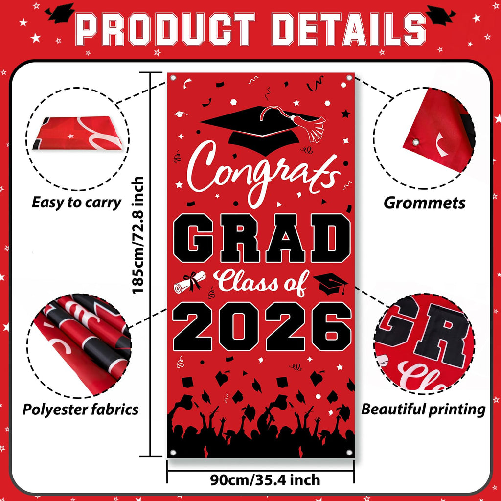 Pedel Graduation Door Cover 2026 - Red Black Congrats Grad Class of 2026 Banner 72x35 Inch