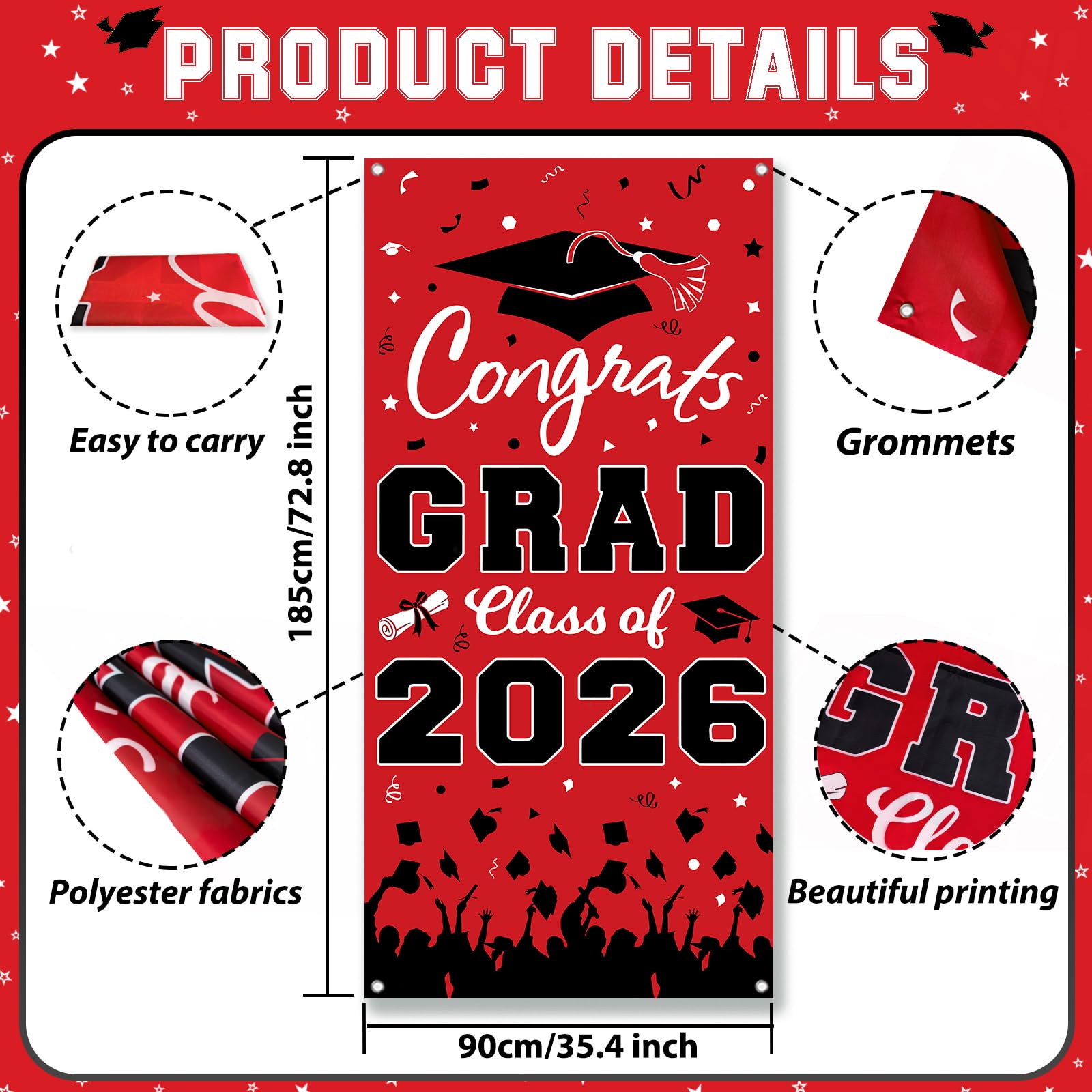 Pedel Graduation Door Cover 2026 - Red Black Congrats Grad Class of 2026 Banner 72x35 Inch