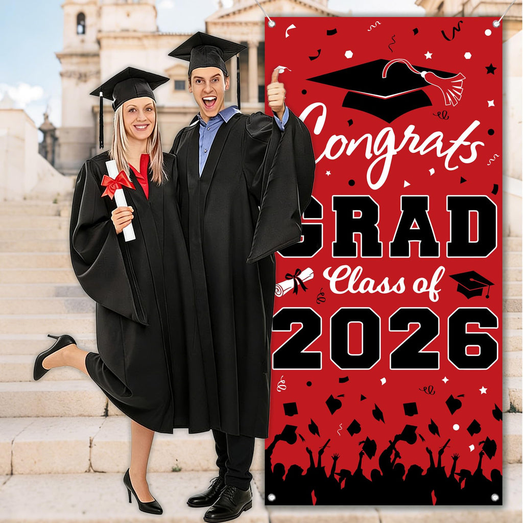 Pedel Graduation Door Cover 2026 - Red Black Congrats Grad Class of 2026 Banner 72x35 Inch