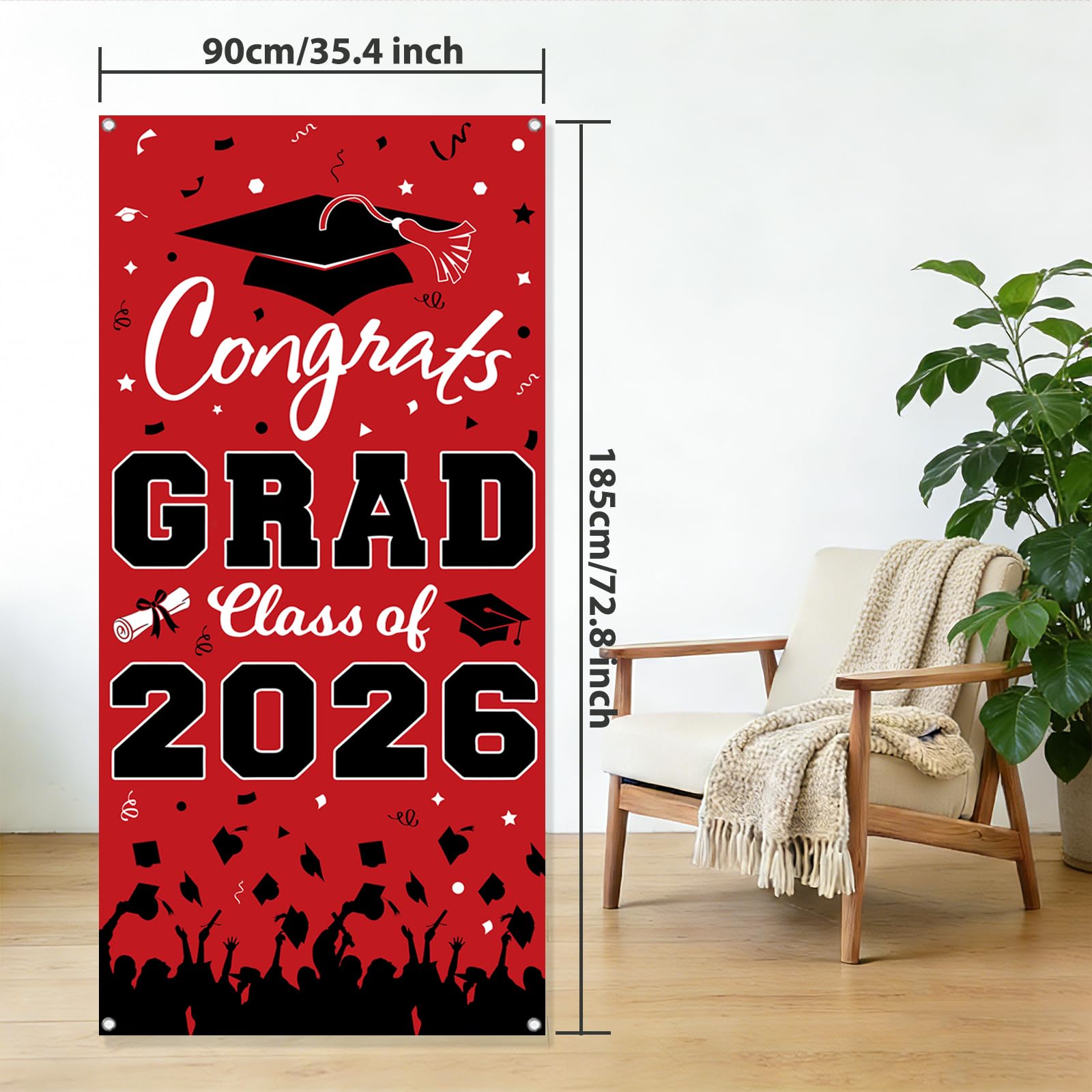 Pedel Graduation Door Cover 2026 - Red Black Congrats Grad Class of 2026 Banner 72x35 Inch