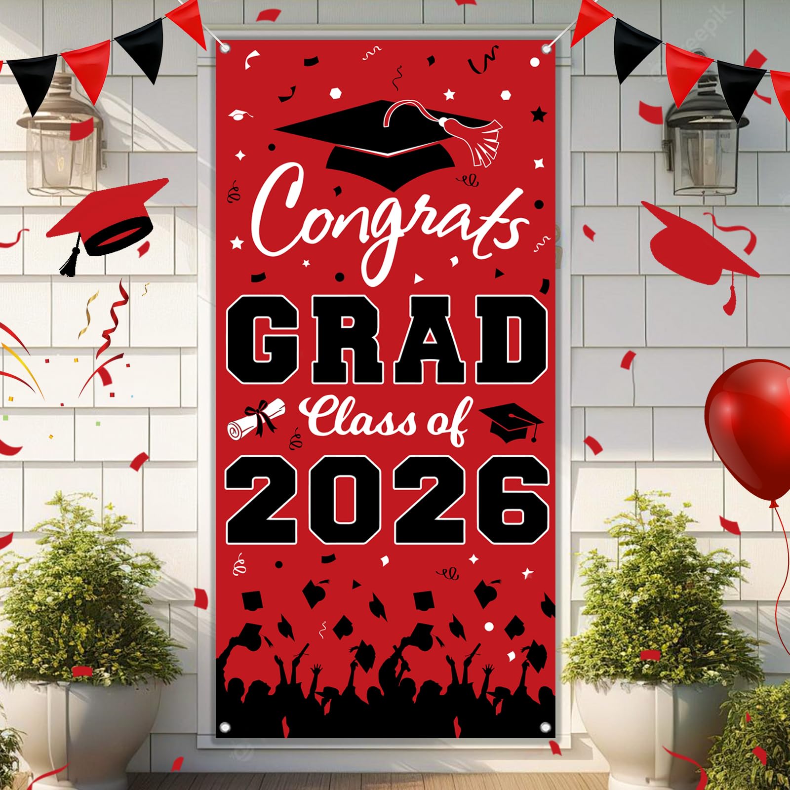 Pedel Graduation Door Cover 2026 - Red Black Congrats Grad Class of 2026 Banner 72x35 Inch