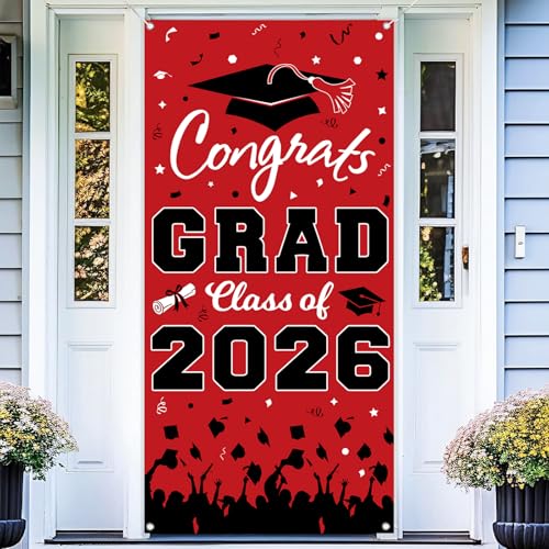 Pedel Graduation Door Cover 2026 - Red Black Congrats Grad Class of 2026 Banner 72x35 Inch