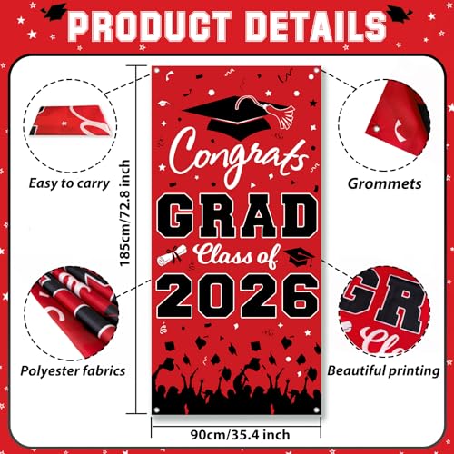 Pedel Graduation Door Cover 2026 - Red Black Congrats Grad Class of 2026 Banner 72x35 Inch