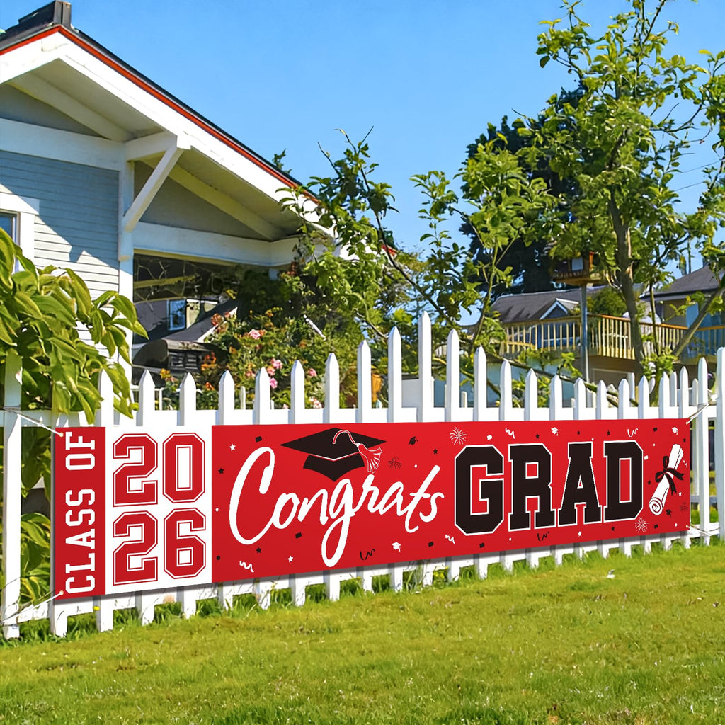 Pedel Red Black Congrats Grad Banner Class of 2026 - Large 19x118 Inch Graduation Yard Sign for Party Decor