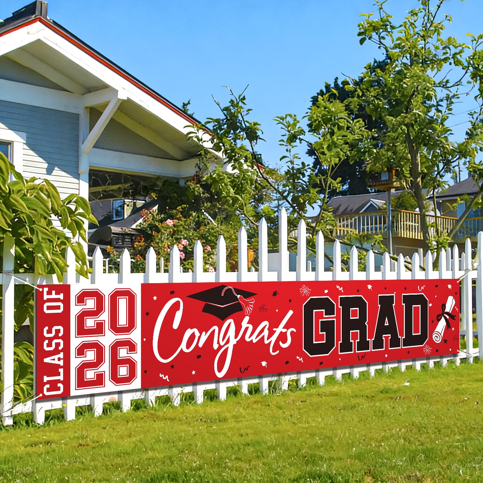 Pedel Red Black Congrats Grad Banner Class of 2026 - Large 19x118 Inch Graduation Yard Sign for Party Decor