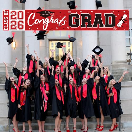 Pedel Red Black Congrats Grad Banner Class of 2026 - Large 19x118 Inch Graduation Yard Sign for Party Decor