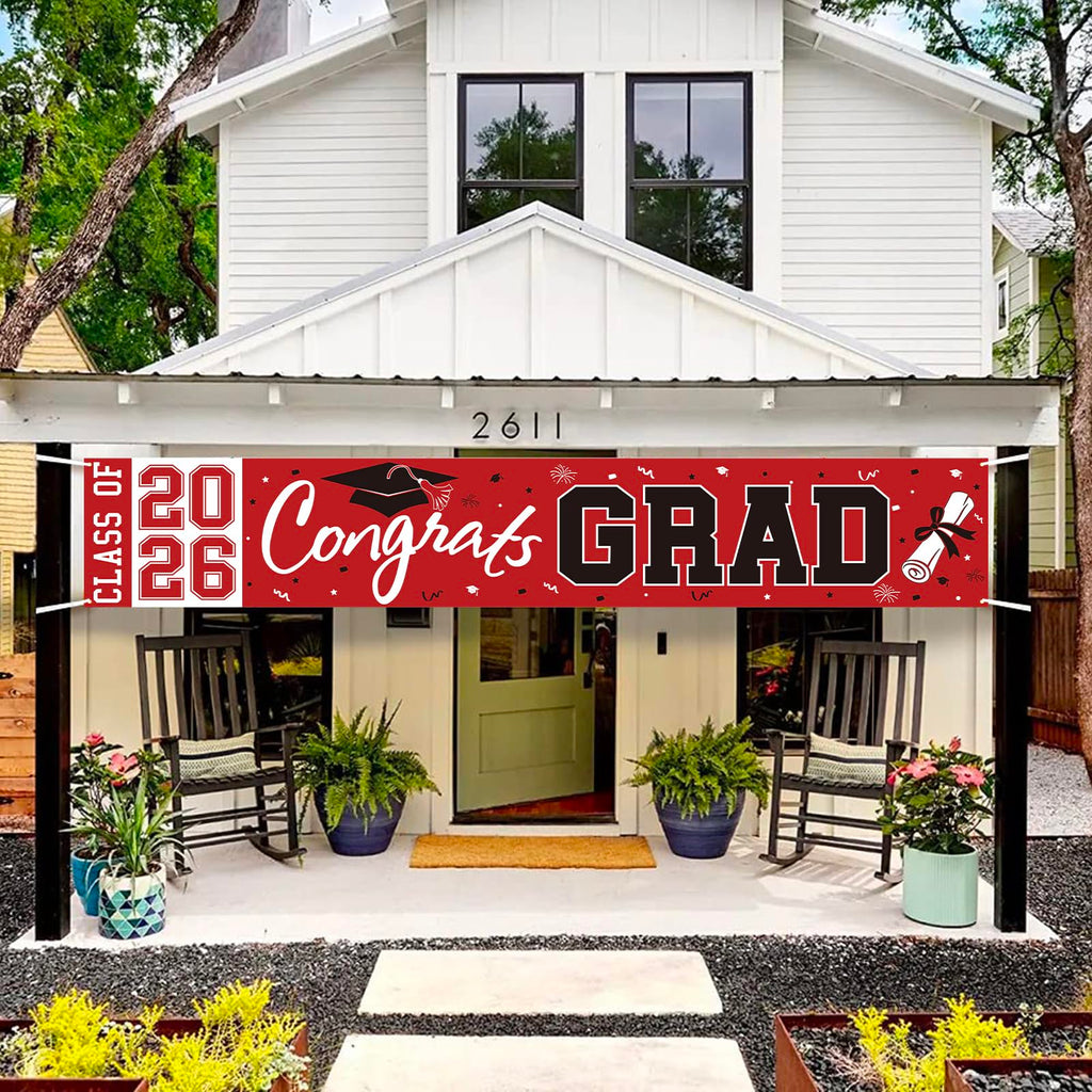 Pedel Red Black Congrats Grad Banner Class of 2026 - Large 19x118 Inch Graduation Yard Sign for Party Decor