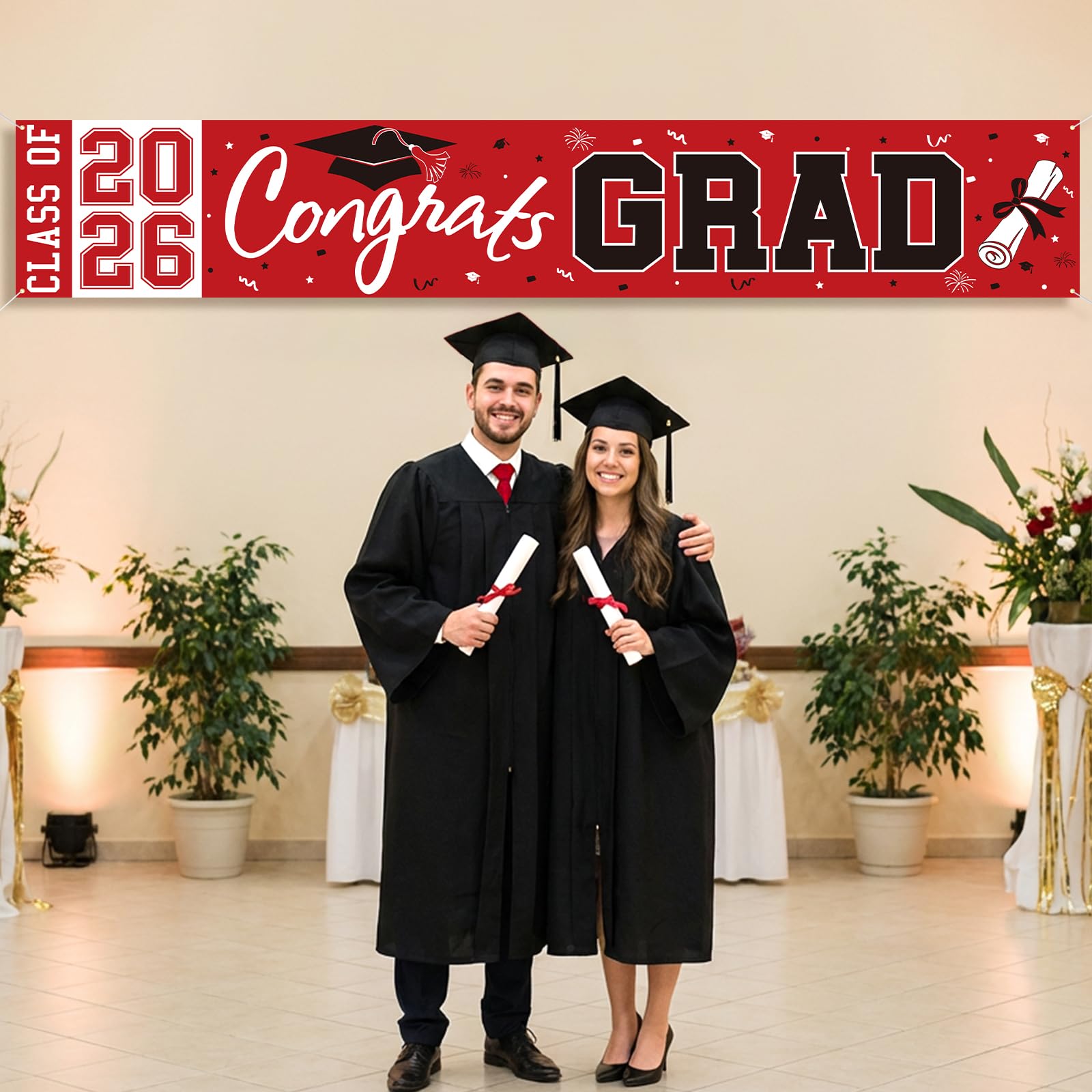 Pedel Red Black Congrats Grad Banner Class of 2026 - Large 19x118 Inch Graduation Yard Sign for Party Decor