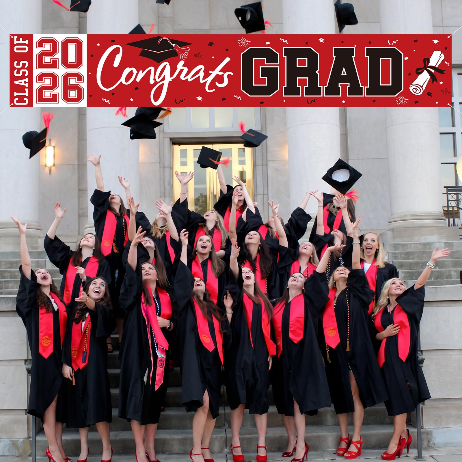 Pedel Red Black Congrats Grad Banner Class of 2026 - Large 19x118 Inch Graduation Yard Sign for Party Decor