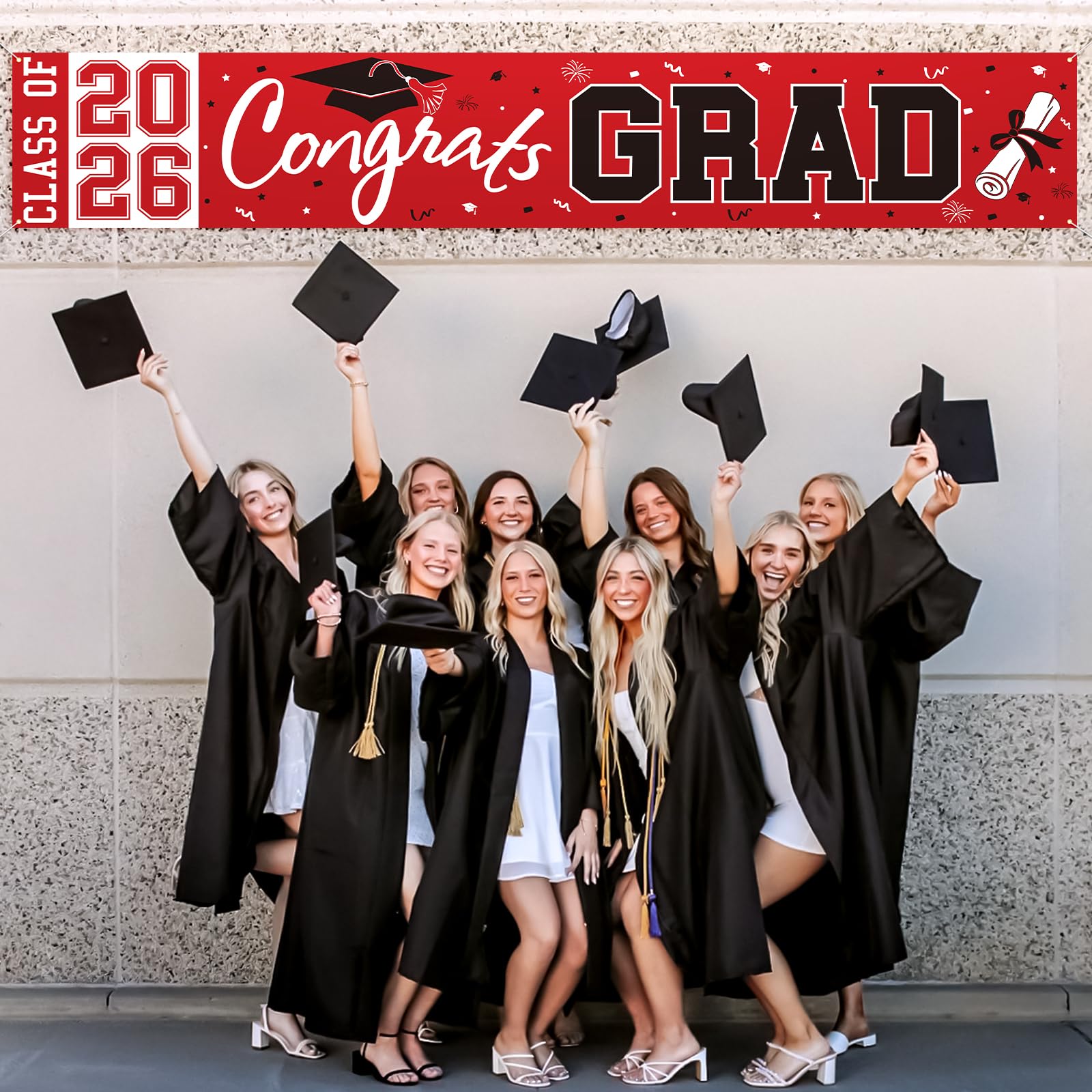 Pedel Red Black Congrats Grad Banner Class of 2026 - Large 19x118 Inch Graduation Yard Sign for Party Decor