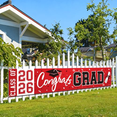 Pedel Red Black Congrats Grad Banner Class of 2026 - Large 19x118 Inch Graduation Yard Sign for Party Decor