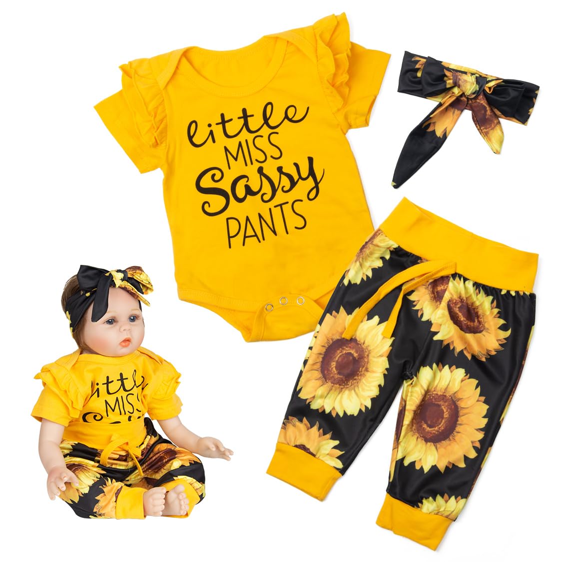 Pedolltree 22 Inch Reborn Doll Clothes - Yellow Sunflower Outfit 3-Piece Set for 22-23 Inch Baby Dolls