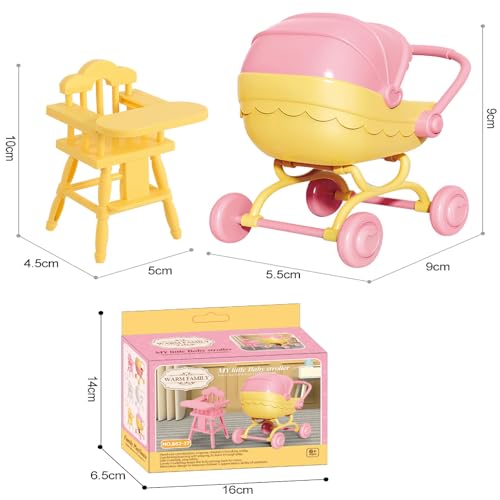 Pemalin Mini Dollhouse Stroller and High Chair Set - Pink & Yellow - Dollhouse Furniture for Pretend Play