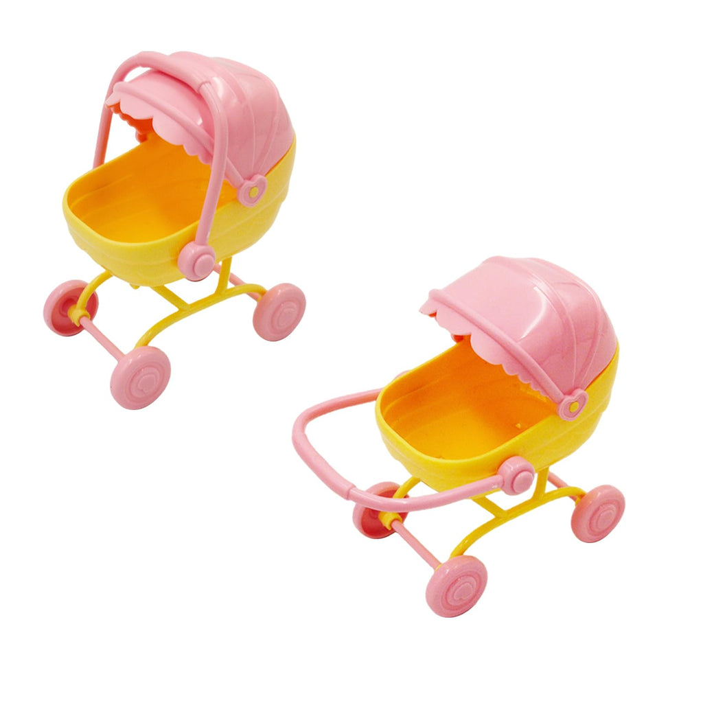 Pemalin Mini Dollhouse Stroller and High Chair Set - Pink & Yellow - Dollhouse Furniture for Pretend Play