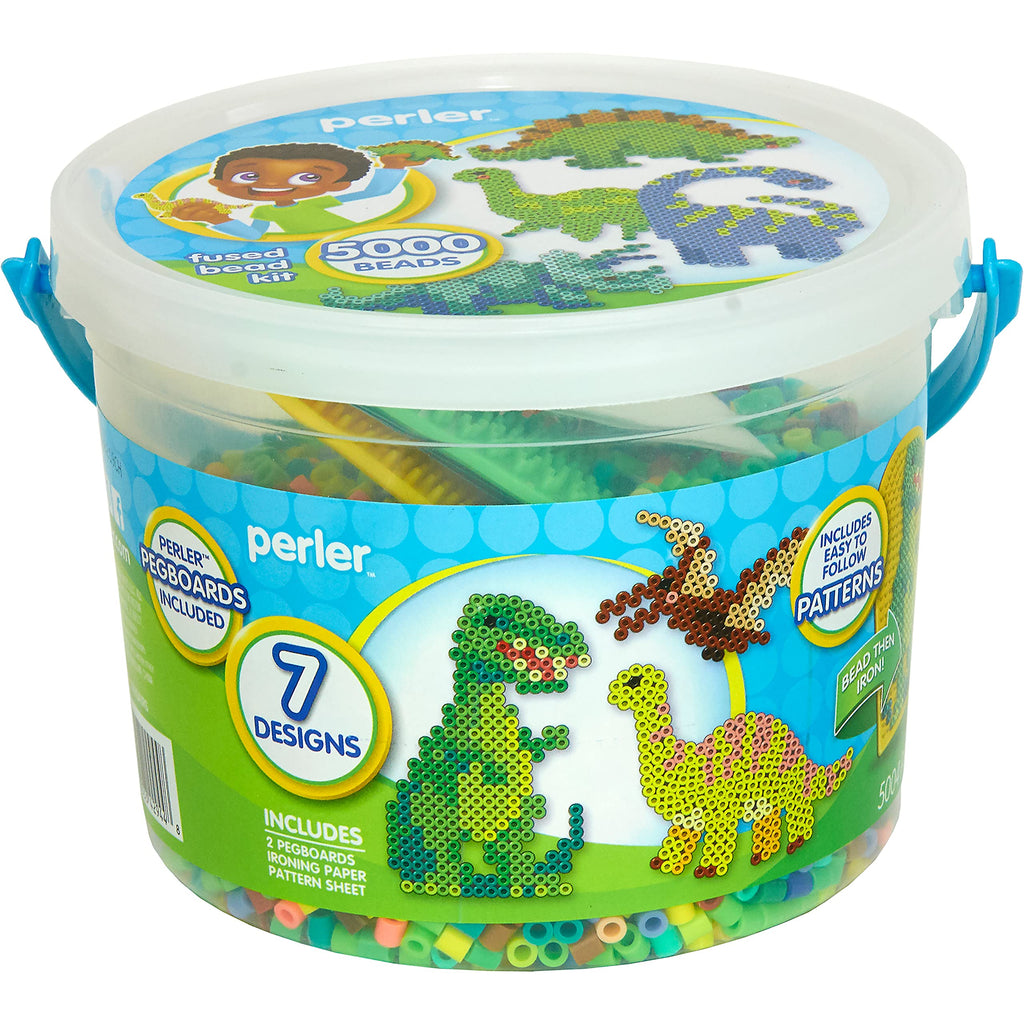 Perler Dinosaur Fuse Bead Bucket Kit – 5000 Beads, 22 Colors, 2 Pegboards