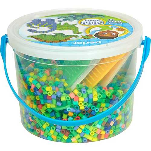 Perler Dinosaur Fuse Bead Bucket Kit – 5000 Beads, 22 Colors, 2 Pegboards