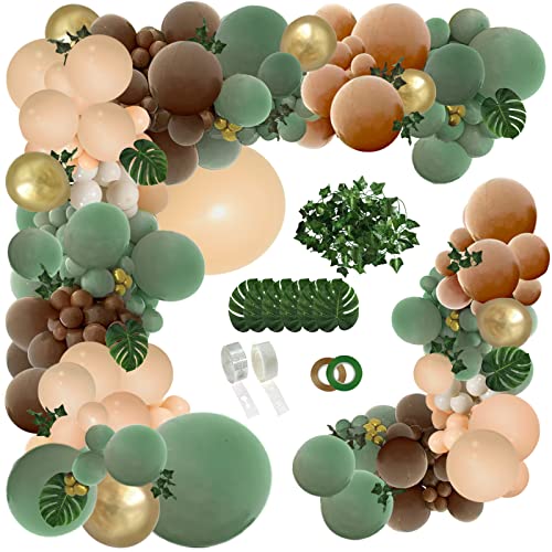 PERPAOL 148-Piece Sage Green & Brown Balloon Garland Kit for Jungle Safari Wild One Party Decor