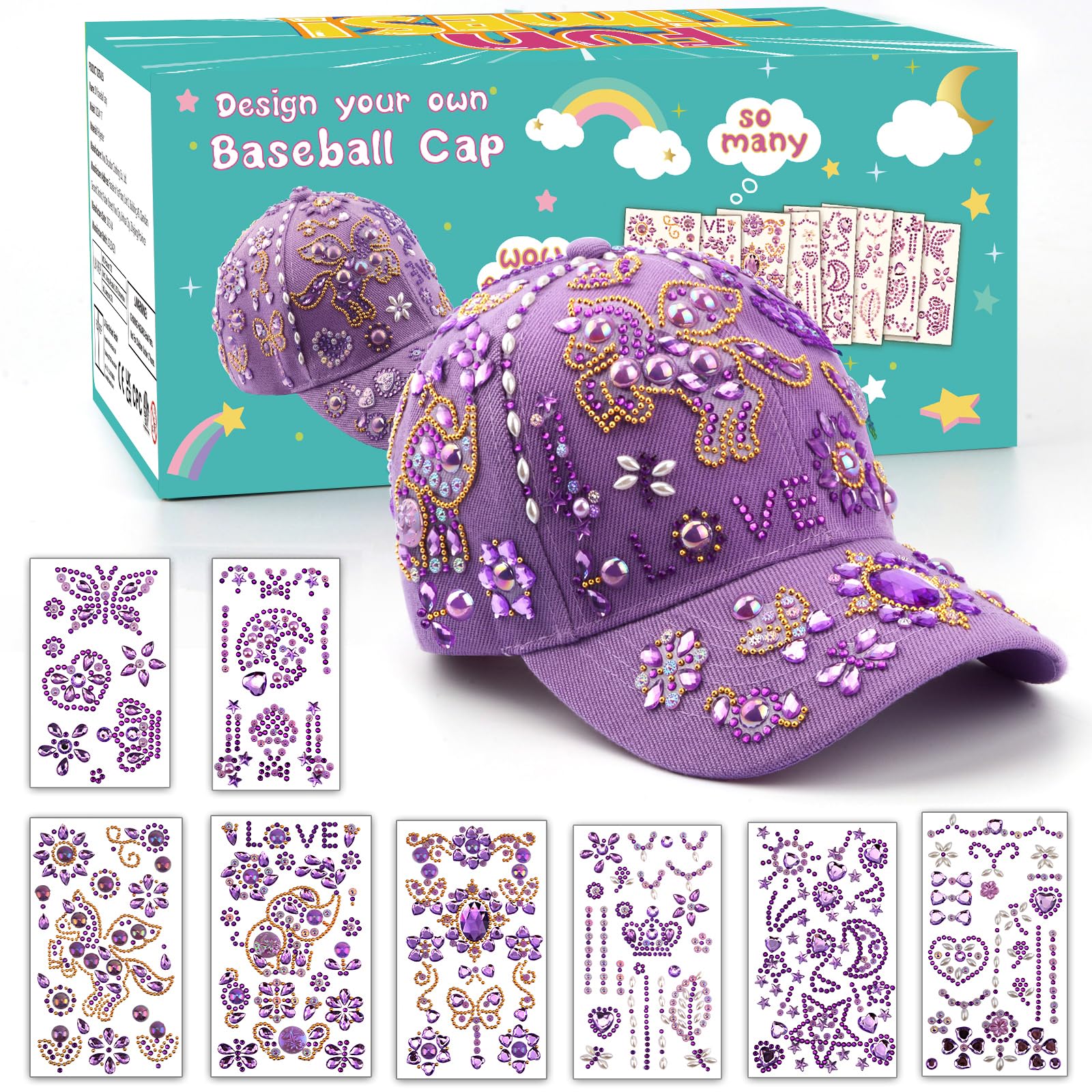 Perpetily DIY Unicorn Cap Craft Kit for Girls Ages 4-12 – Purple Baseball Cap with Rhinestone Stickers