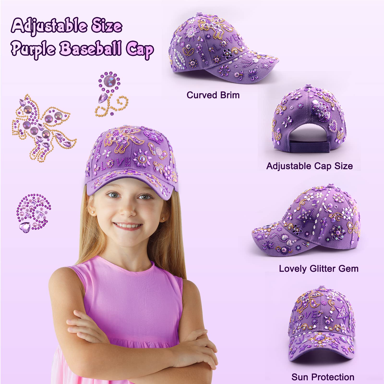 Perpetily DIY Unicorn Cap Craft Kit for Girls Ages 4-12 – Purple Baseball Cap with Rhinestone Stickers