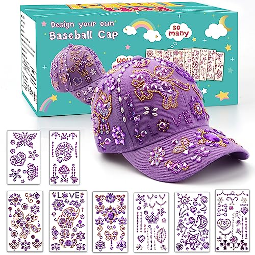 Perpetily DIY Unicorn Cap Craft Kit for Girls Ages 4-12 – Purple Baseball Cap with Rhinestone Stickers