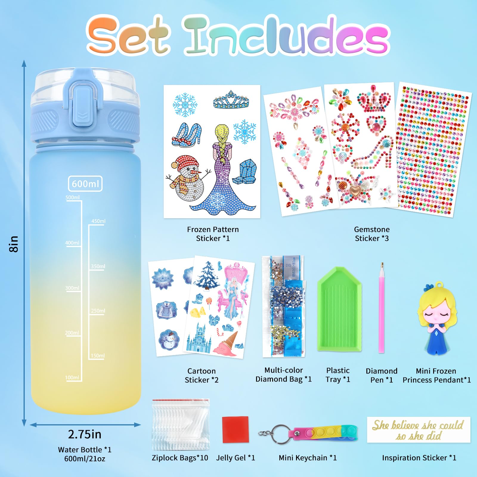 PERRYHOME Frozen Water Bottle DIY Kit for Girls - BPA-Free Leak-Proof 21oz Craft Set with Stickers and Charms
