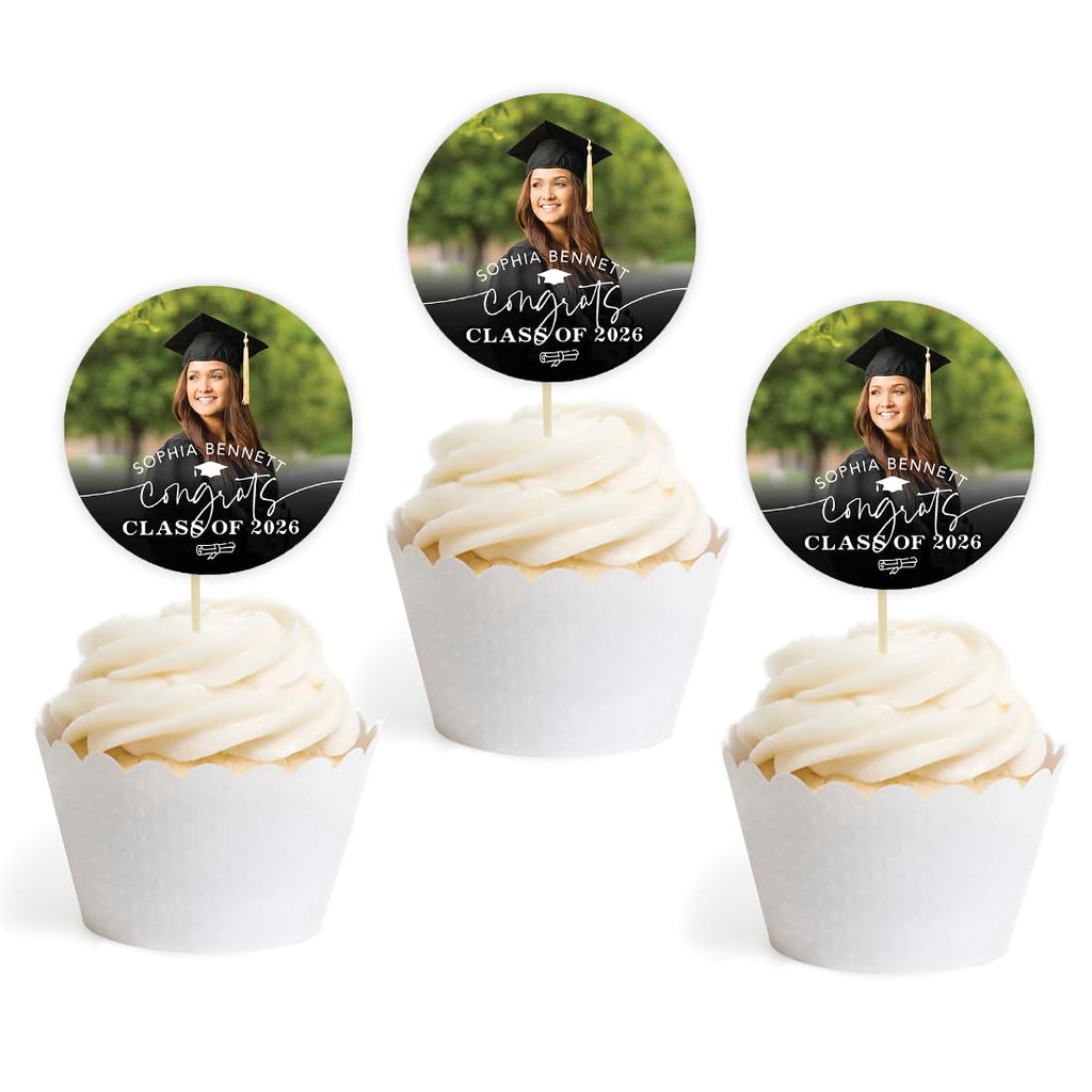 Personalized Graduation Cupcake Toppers 2026 – Custom Photo & Name, 20 Pack