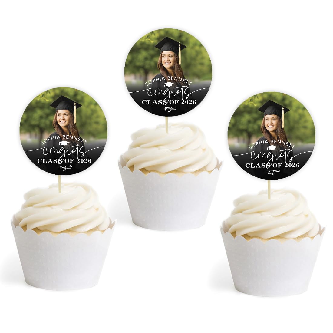 Personalized Graduation Cupcake Toppers 2026 – Custom Photo & Name, 20 Pack