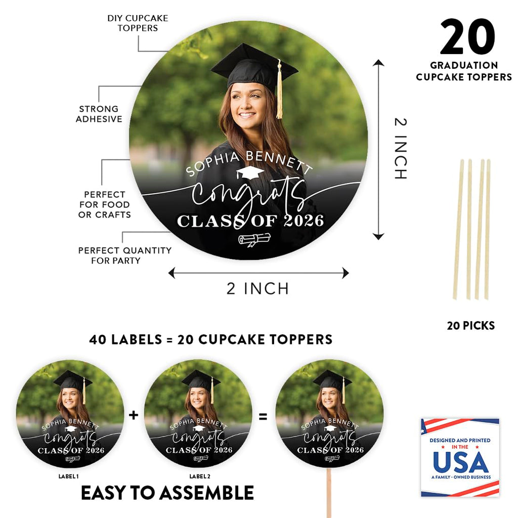 Personalized Graduation Cupcake Toppers 2026 – Custom Photo & Name, 20 Pack