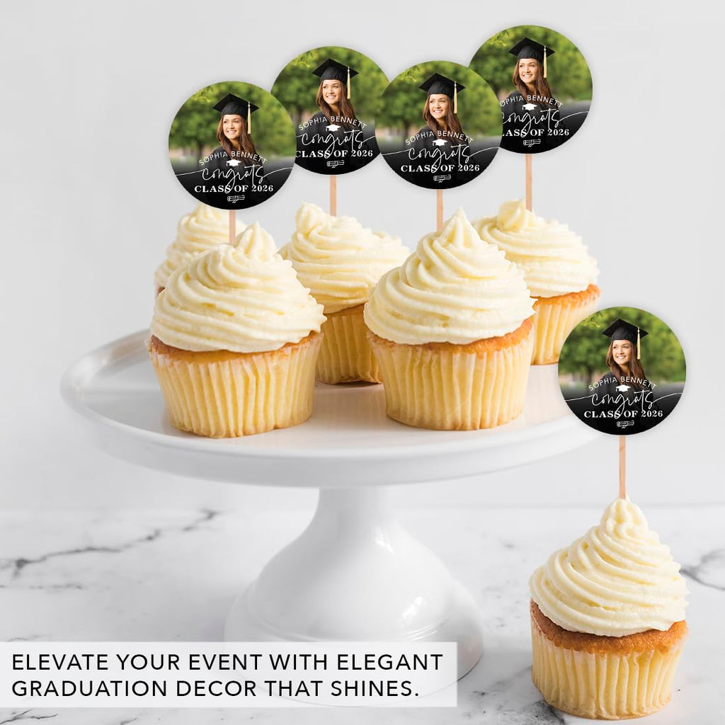 Personalized Graduation Cupcake Toppers 2026 – Custom Photo & Name, 20 Pack
