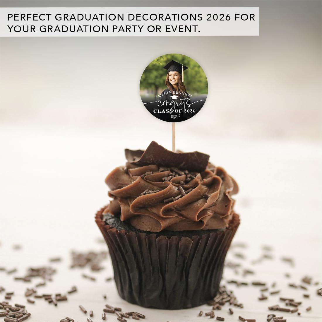 Personalized Graduation Cupcake Toppers 2026 – Custom Photo & Name, 20 Pack