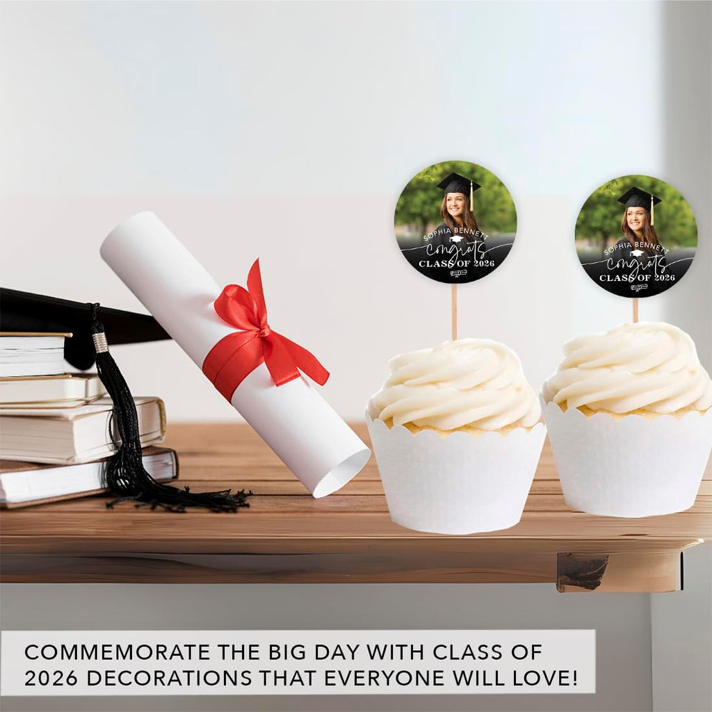 Personalized Graduation Cupcake Toppers 2026 – Custom Photo & Name, 20 Pack
