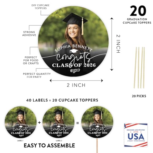 Personalized Graduation Cupcake Toppers 2026 – Custom Photo & Name, 20 Pack