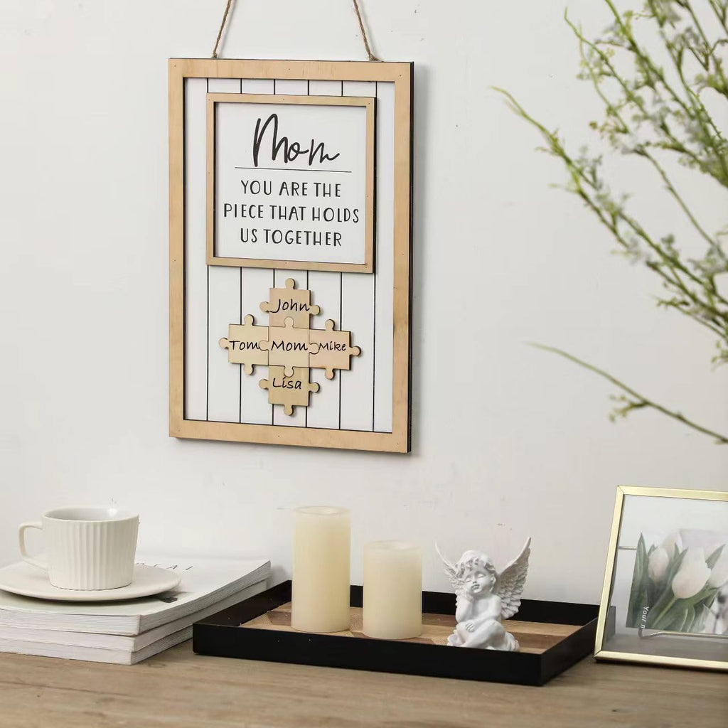 Personalized Mom Puzzle Sign - Custom Wooden Frame with 9 Name Pieces, Gift for Mother's Day, Birthday, Christmas