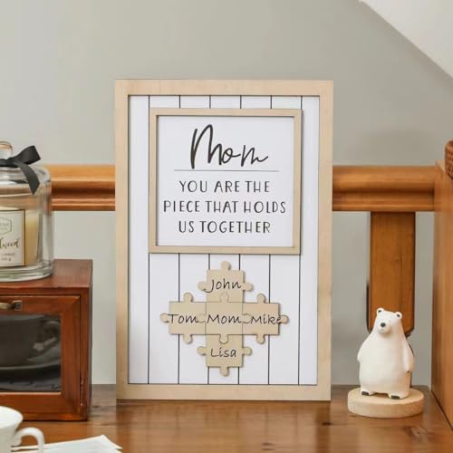 Personalized Mom Puzzle Sign - Custom Wooden Frame with 9 Name Pieces, Gift for Mother's Day, Birthday, Christmas