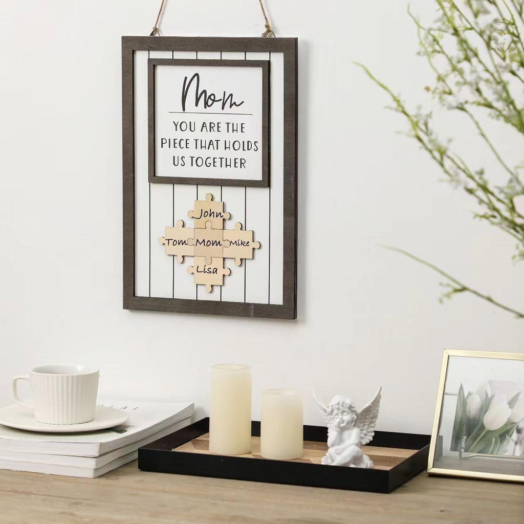 Personalized Mom Puzzle Sign – Custom Wood Wall Decor with Family Names, Mother's Day Gift