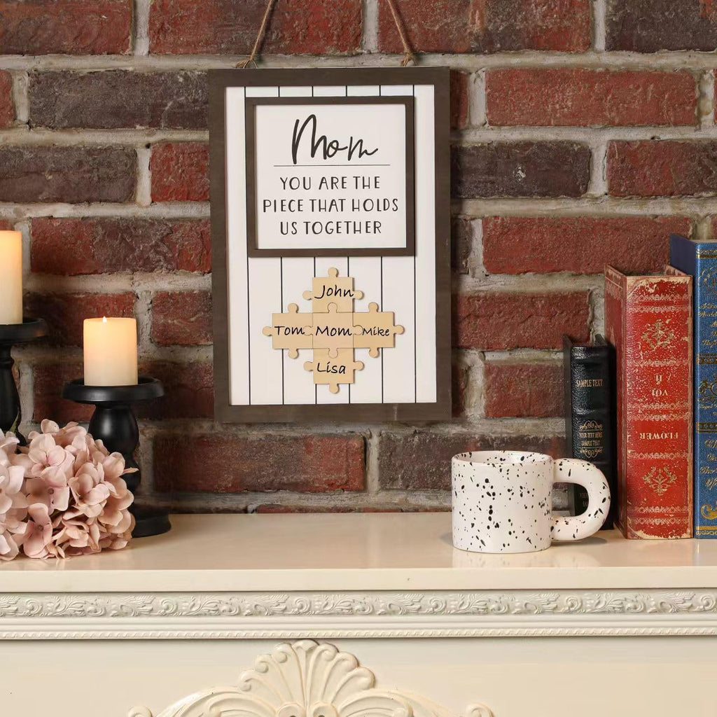 Personalized Mom Puzzle Sign – Custom Wood Wall Decor with Family Names, Mother's Day Gift