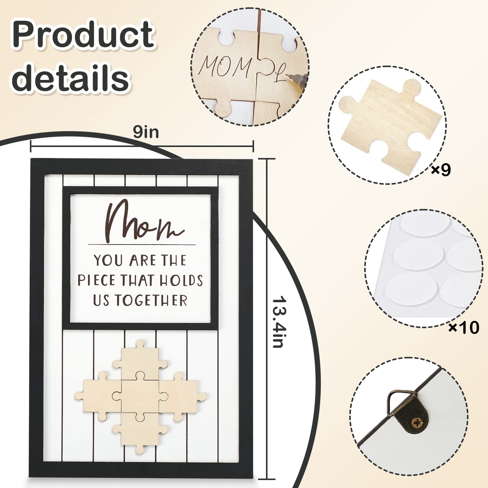 Personalized Mom Puzzle Sign – Custom Wooden Frame with Up to 9 Names, Wall Décor Gift for Mother's Day, Birthday, Christmas