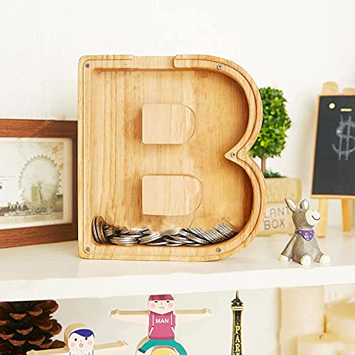 Personalized Wooden Letter Piggy Bank A-Z, Large-Capacity Transparent Plexiglass Coin Savings Box, DIY Name Creative Gift for Kids