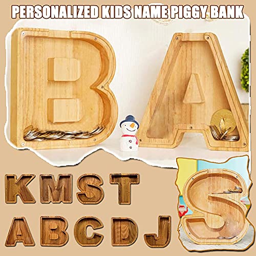 Personalized Wooden Letter Piggy Bank A-Z, Large-Capacity Transparent Plexiglass Coin Savings Box, DIY Name Creative Gift for Kids