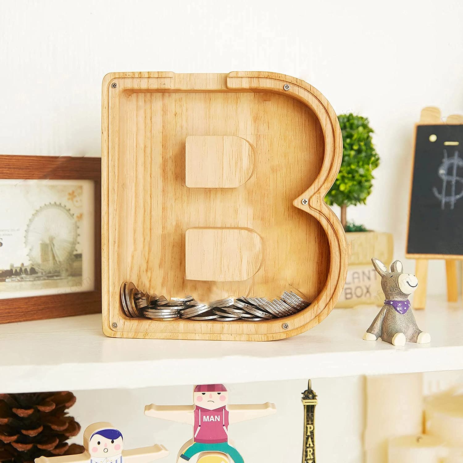 Personalized Wooden Letter Piggy Bank A-Z, Large-Capacity Transparent Plexiglass Coin Savings Box, DIY Name Creative Gift for Kids