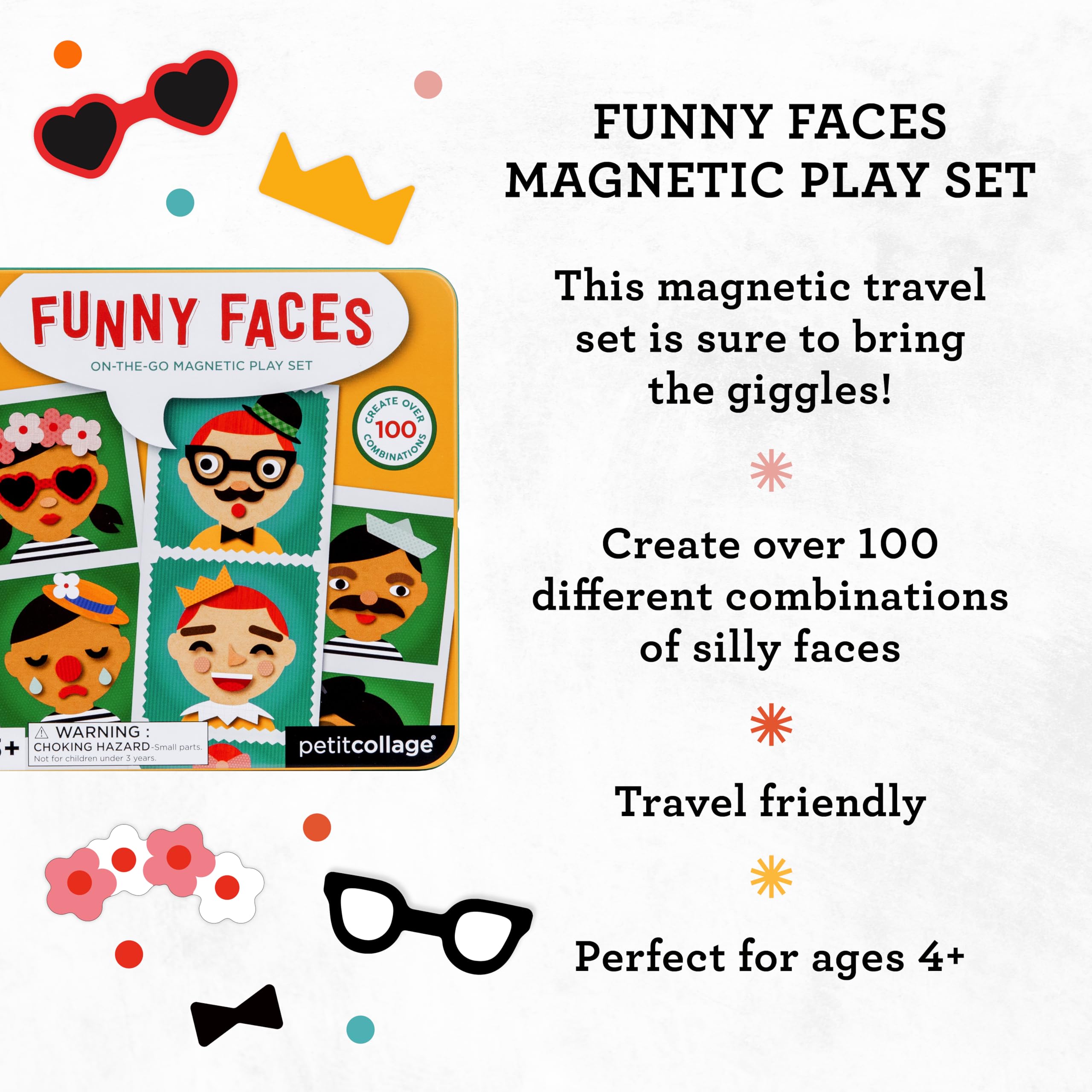 Petit Collage Funny Face Magnetic Travel Game – 100+ Silly Combinations, Ages 4+, Portable Tin
