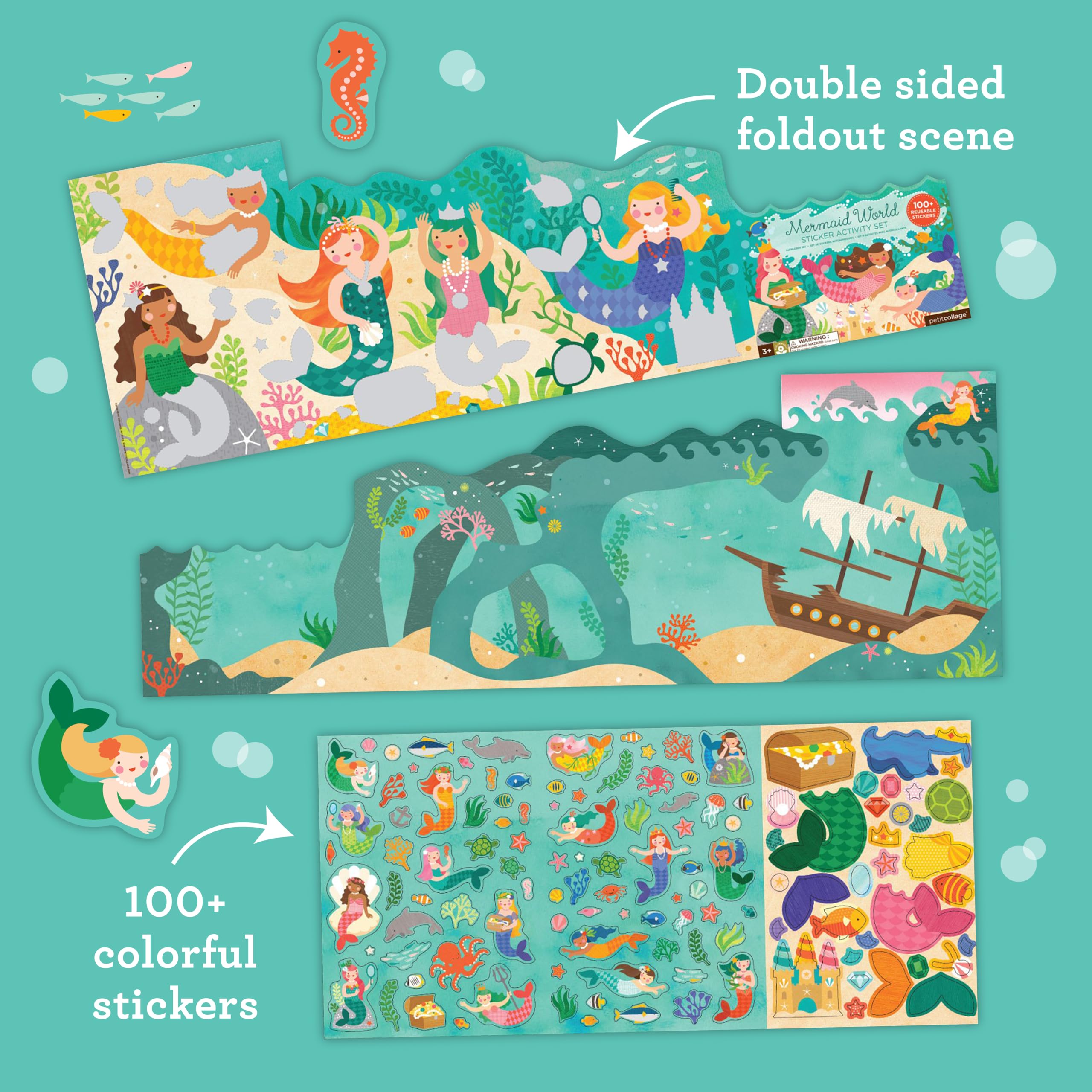 Petit Collage Mermaid World Sticker Activity Book – Giant Fold-Out with 100+ Reusable Stickers, Ages 4+