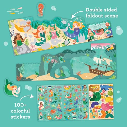 Petit Collage Mermaid World Sticker Activity Book – Giant Fold-Out with 100+ Reusable Stickers, Ages 4+