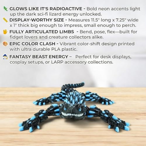 PhantomBlitz Glow in the Dark Articulated Armadillo Lizard – 3D Printed Black & Blue Reptile Figurine with Moving Joints by Mivi Collection