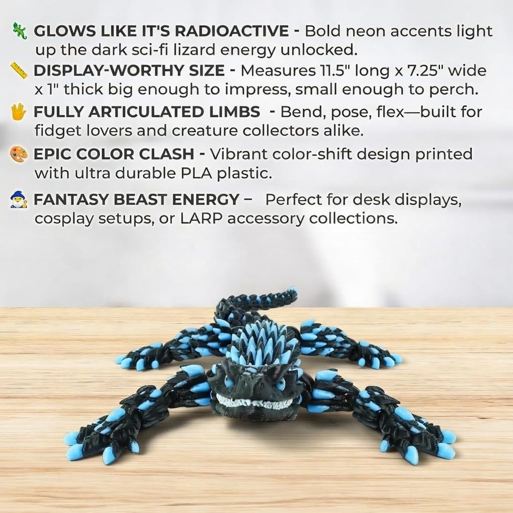PhantomBlitz Glow in the Dark Articulated Armadillo Lizard – 3D Printed Black & Blue Reptile Figurine with Moving Joints by Mivi Collection