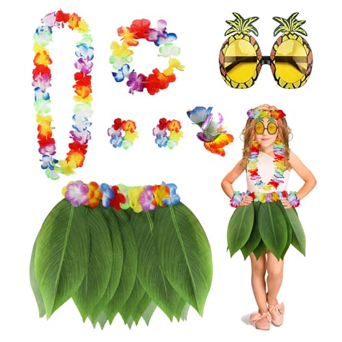 PHOGARY 7-Piece Hawaiian Luau Costume Kit with Hula Skirt, Flower Leis, Sunglasses & Hair Clip