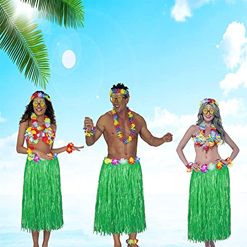 PHOGARY 8-Piece Hula Skirt Costume Kit for Luau Parties – Grass Skirt, Flower Bikini Top, Lei, and More