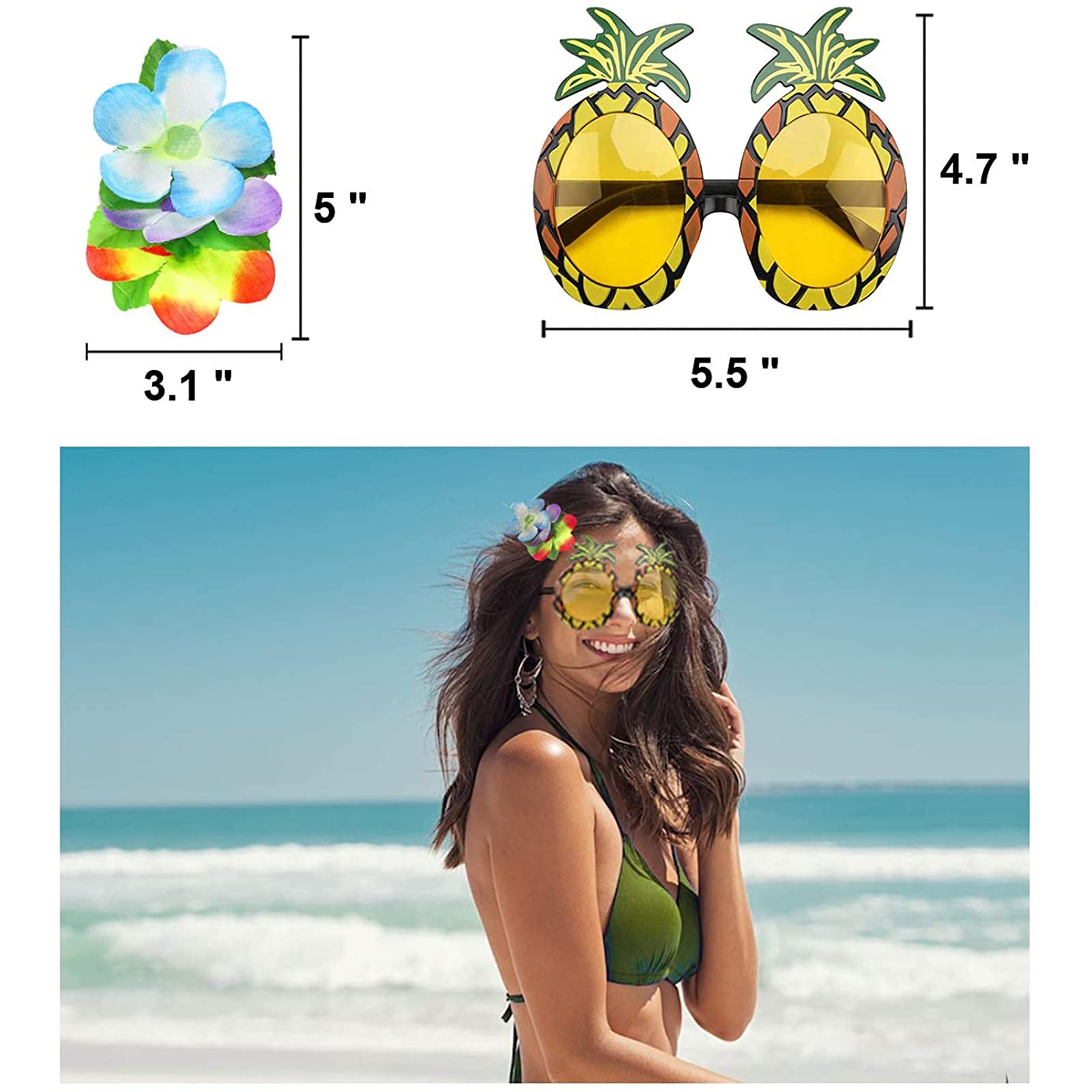 PHOGARY 8-Piece Hula Skirt Costume Kit for Luau Party with Flower Bikini Top and Hawaiian Lei